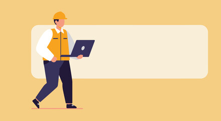 Illustration of an engineer or construction worker in a hard hat and safety vest, walking with a laptop. Ideal for themes of project management, digital construction, and professional solutions.