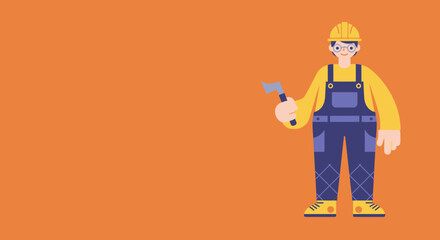 Smiling worker in hard hat and overalls, holding an axe, symbolizing construction, repair, and skilled labor. Ideal for industry, business, or DIY projects.