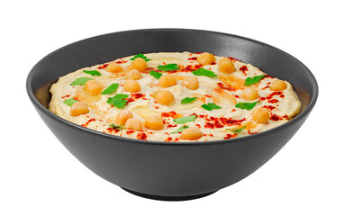 hummus in bowl, isolated on white background with clipping path