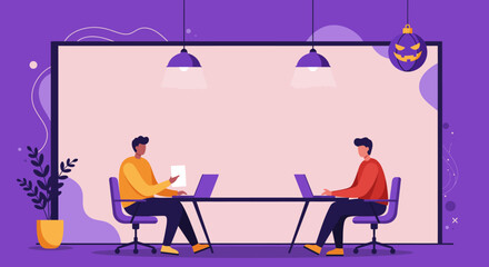 Two focused colleagues work on laptops at a modern office desk, symbolizing productivity, teamwork, and a festive Halloween work environment.