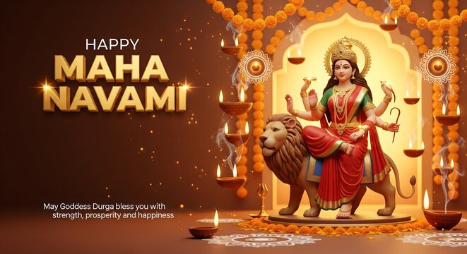 Happy maha navami festival greeting with goddess durga on lion and decorative lights