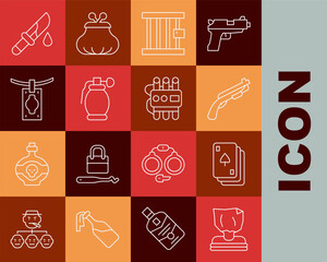Set line Kidnaping, Playing cards, Police shotgun, Prison window, Hand grenade, Money laundering, Bloody knife and Dynamite timer clock icon. Vector