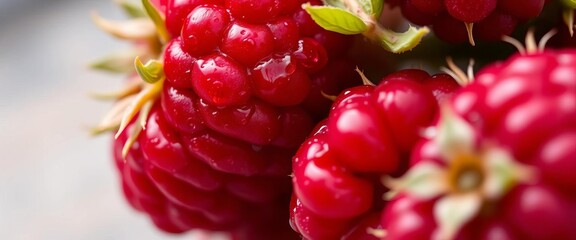 Close-up of vibrant, juicy raspberries, glistening with dew,  healthy food,  food