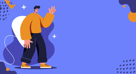 Stylish illustrated young man gesturing casually against a vibrant blue background with abstract shapes, offering large copy space. Perfect for modern marketing, web design, or digital content.