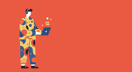 Stylized person wearing headphones and a colorful patterned suit, focused on working with a laptop. Represents remote work, creativity, and modern digital communication.