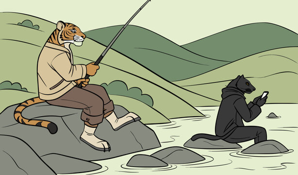 Create a highly detailed image of a serene lakeside setting with rolling green hills in the background. Two anthropomorphic animals are fishing by the water&rsquo;s edge: a muscular tiger with a striped fac