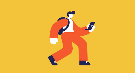 Minimalist illustration of a person walking with a backpack and using a tablet. Represents modern connectivity, remote work, or on-the-go learning and communication.