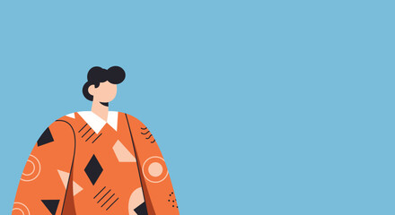 Stylized illustration of a person in a colorful geometric pattern shirt on a clean blue background, ideal for business, creativity, or lifestyle content.