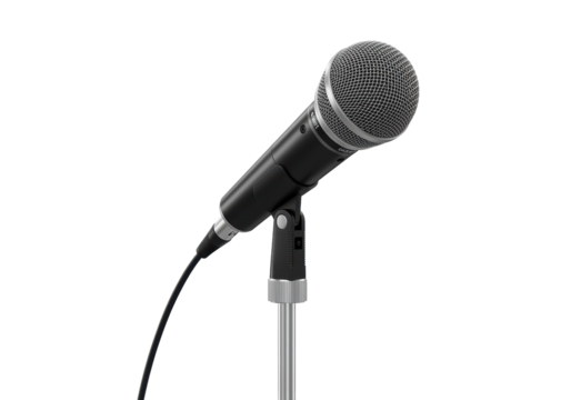 Isolated modern black microphone on stand, with cable, for professional audio use