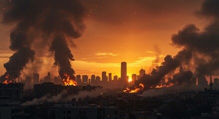 Obraz premium Apocalyptic Cityscape During a Fiery Sunset with Intense Smoke Plumes