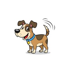 Fototapeta premium A cartoon illustration of a brown and white dog with a blue collar, wagging its tail and smiling, set against a white background.