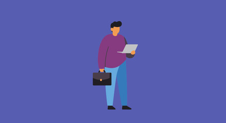 Illustrated business person holding a laptop and briefcase, representing productivity, mobile work, and professional success in a digital age.