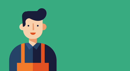 Smiling cartoon man in blue and orange uniform on a green background. Ideal for business, service, or industry concepts with copy space for text.