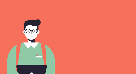 Minimalist illustration of a focused man in glasses using a laptop on a vibrant background, ideal for technology, education, or business concepts.