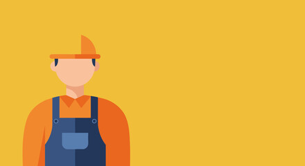 Flat design illustration of a professional worker in a hard hat and overalls, symbolizing labor, construction, and safety. Ideal for business, industry, and service concepts.