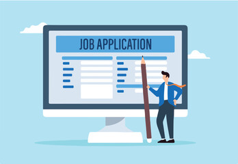 Flat illustration of businessman hold pencil filling in job application form on computer
