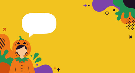 Character in a cute pumpkin costume with an empty speech bubble on a vibrant yellow background, perfect for Halloween messages or autumn promotions.
