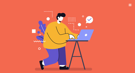 Modern flat design illustration of a man working on a laptop, representing online tasks, productivity, and digital work.