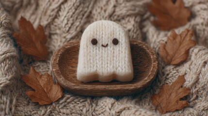 Knitted ghost decoration on wooden plate with autumn leaves still life evokes warm cozy halloween feeling in soft neutral tones