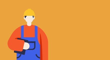 Minimalist illustration of a worker in a hard hat and overalls, holding a device, symbolizing industry, construction, and essential services. Copy space for text.