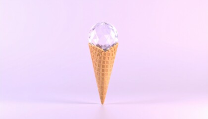 Surreal Indulgence: A Faceted Crystal Sphere Atop a Waffle Cone on a Pastel Background