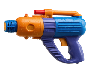Colorful plastic water gun toy with blue, orange, and purple design, wet surface, isolated on transparency background, evokes playful and fun summer activity for children outdoors