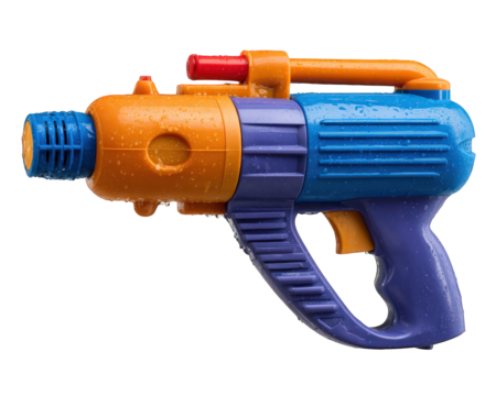 Colorful plastic water gun toy with blue, orange, and purple design, wet surface, isolated on transparency background, evokes playful and fun summer activity for children outdoors
