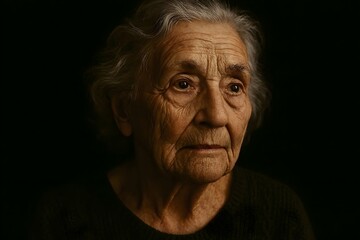 Fototapeta premium Dramatic Close-Up Portrait of Elderly Woman with Wrinkled Skin and Silver Hair Against Black Background – Emotional Expression, Soft Lighting, Timeless Aging Beauty Concept.