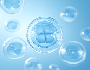 Light-blue, translucent embryonic cells in a scientific laboratory setting.