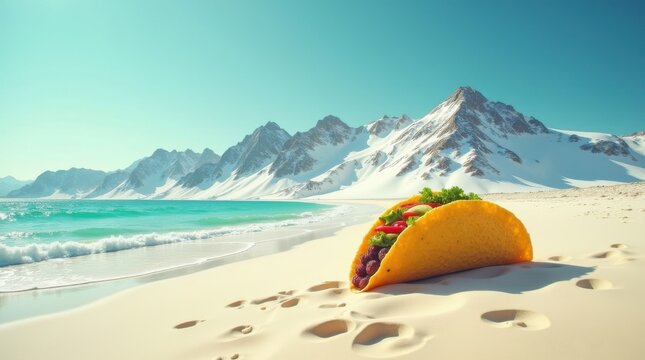 Taco enjoying scenic beach view snow-capped mountains food photography tropical environment close-up fun concept
