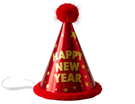Red happy new year party hat with pom pom isolated on transparent background - Powered by Adobe