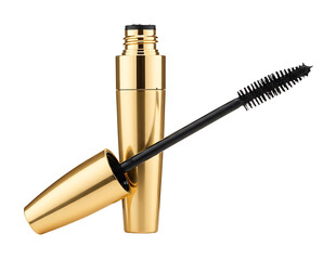 Gold mascara tube and wand isolated on transparent background