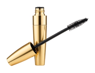 Gold mascara tube and wand isolated on transparent background