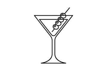 Minimalist line art icon of a martini glass with olives on a skewer
