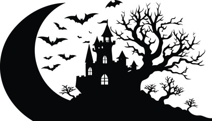 Photo of silhouette of a haunted castle with bats flying around a crescent moon