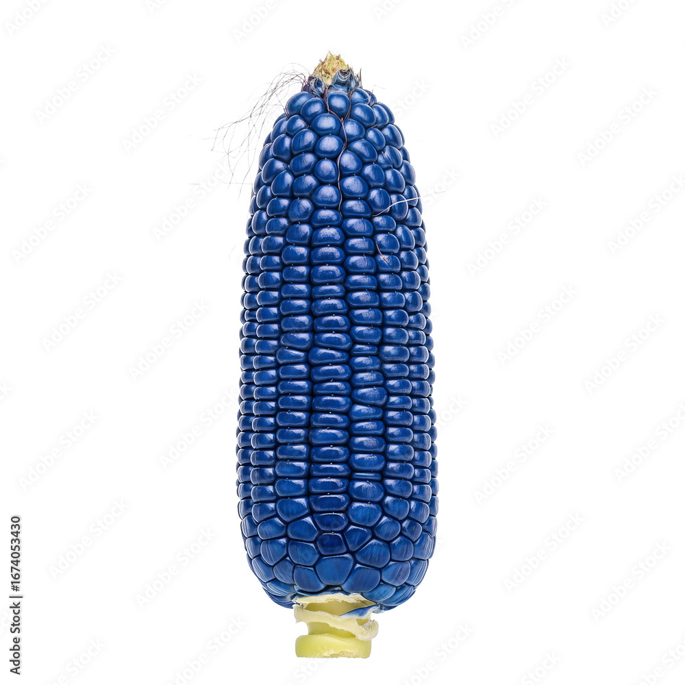 Poster blue corn cob stands vertically against a stark background, displaying its unique color and texture!