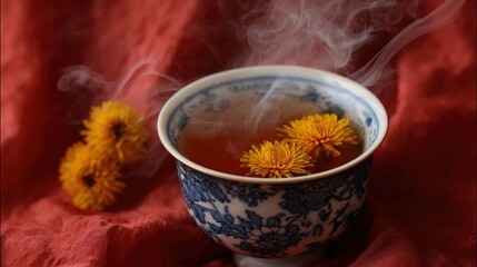 A delicate porcelain teacup with floating chrysanthemum petals, exuding serenity and elegance for China's National Day.