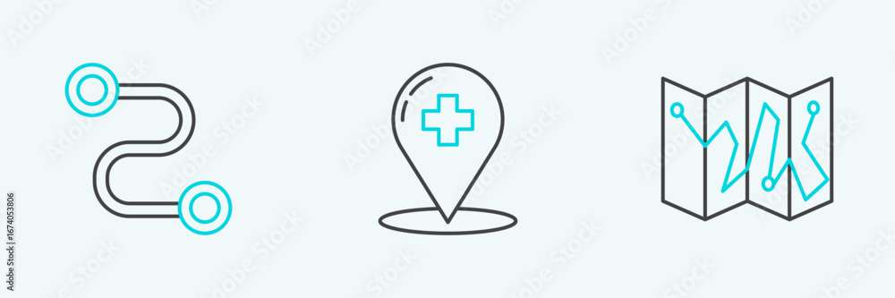 Poster set line folded map with location marker, route and location the globe icon. vector