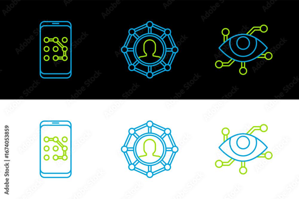 Aufkleber set line virtual reality, mobile and graphic password protection and project team base icon. vector