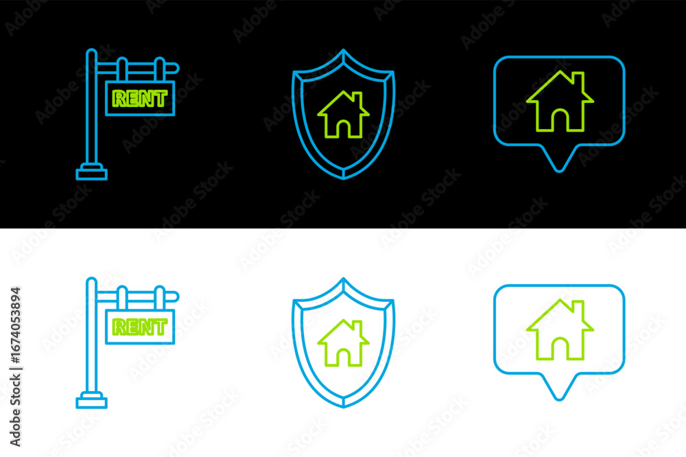 Aufkleber set line map pointer with house, hanging sign text rent and house shield icon. vector