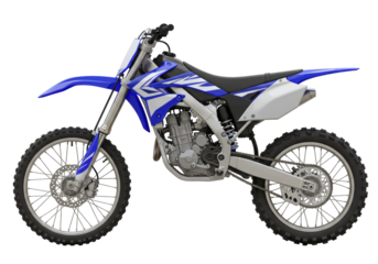 Isolated dirt bike in studio for sale; blue body and dark gray tires; detailed rendering