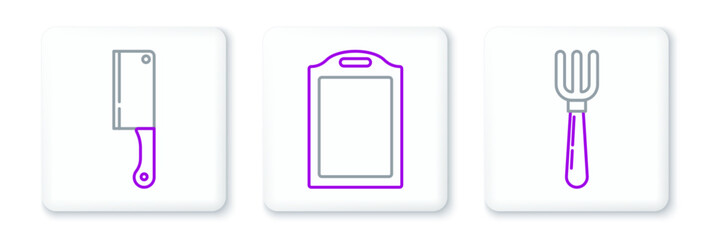 Set line Fork, Meat chopper and Cutting board icon. Vector