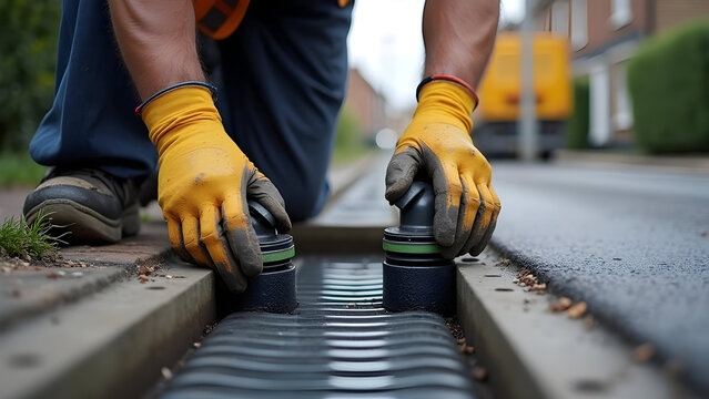 Roadworks Specialist Installing Drainage Between Kerb