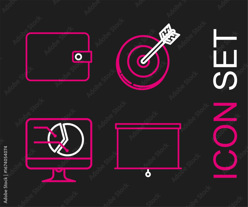 Poster set line chalkboard, computer monitor with graph chart, target and wallet icon. vector