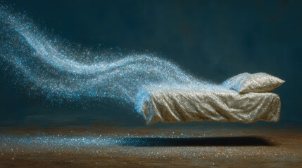 Magical still life scene of glowing bed floating with sparkling dust trails creating dreamy halloween atmosphere in dark space