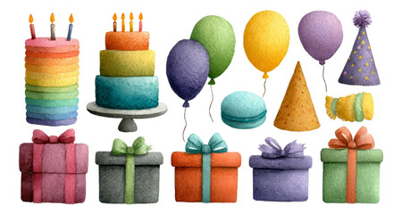 Colorful Party Decorations and Cake on Transparent Background