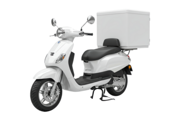 Isolated white scooter with delivery box for shipping goods transportation service