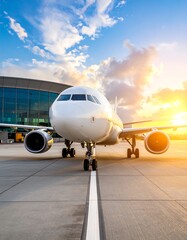 Obraz premium Airplane at sunset at airport terminal