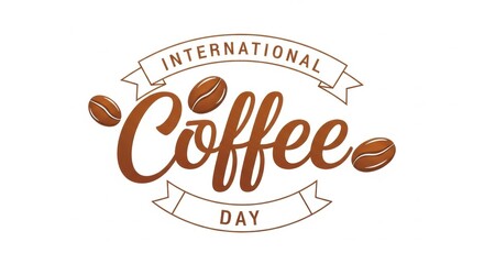 International coffee day graphic with coffee beans and ribbons on a white background