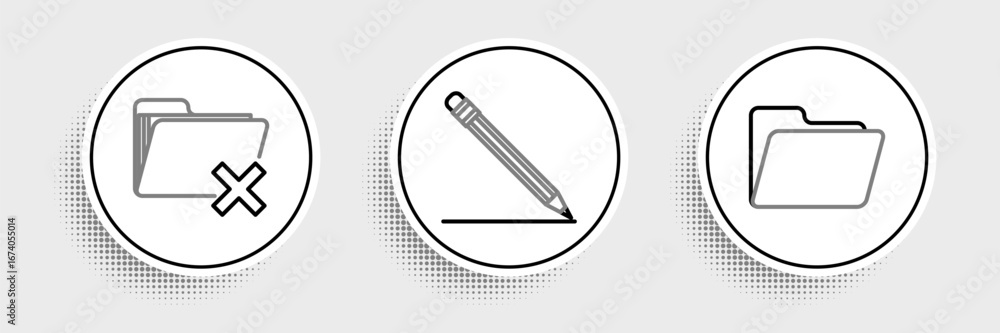 Poster set line document folder, delete and pencil with eraser and line icon. vector